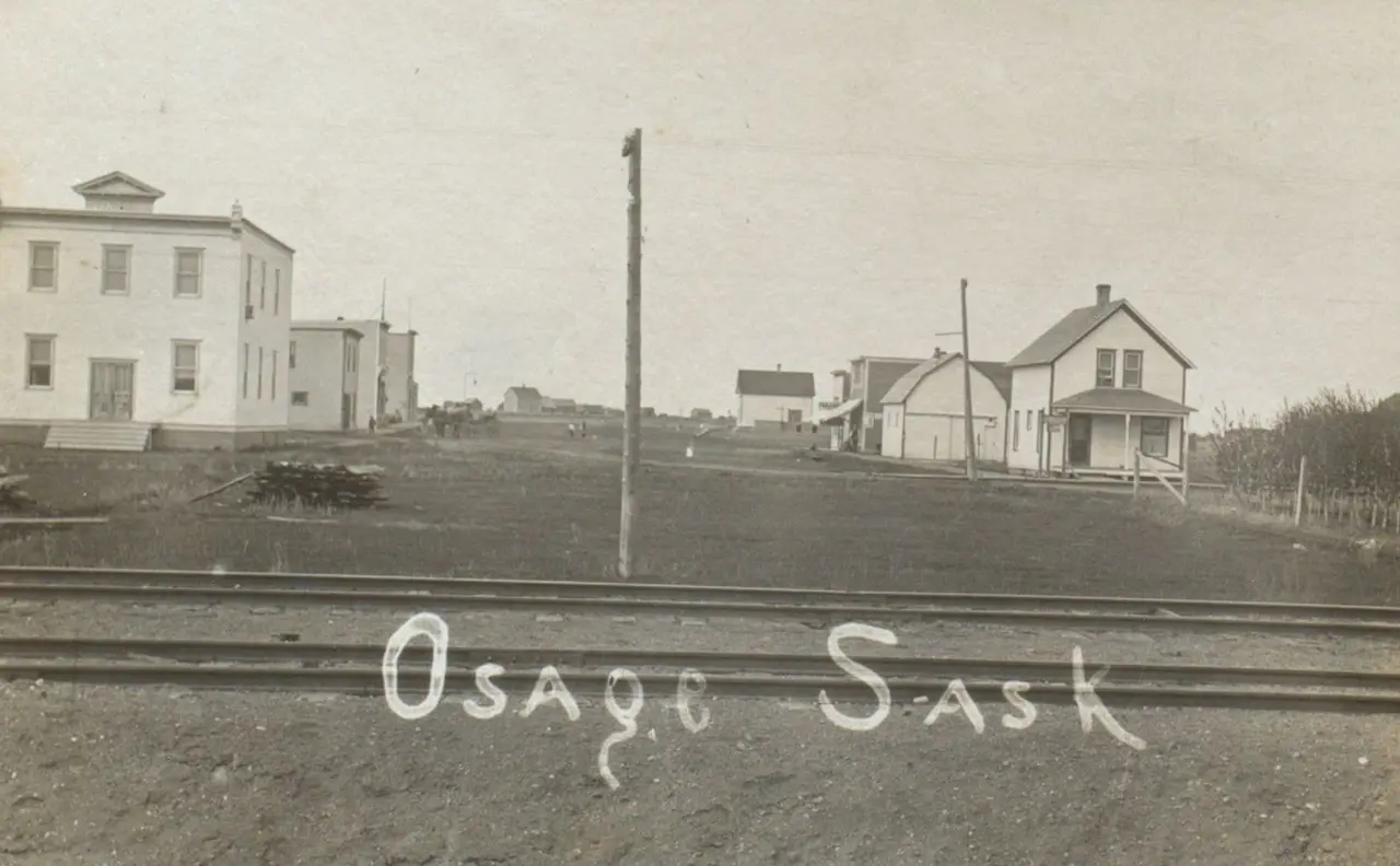 Osage village seen across the railway tracks, about 1910